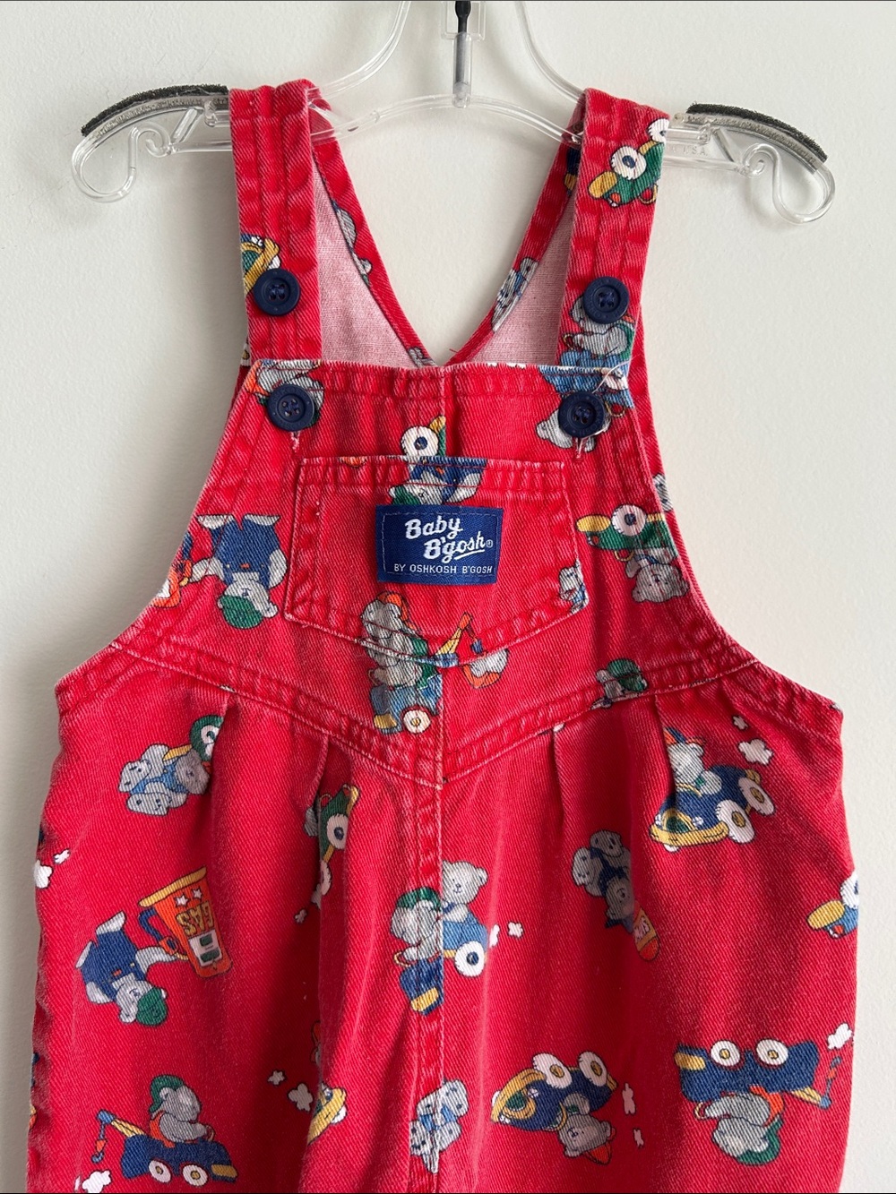 Vintage Oshkosh Baby B'gosh Red Toddler Overalls with Teddy Bear Vehicle
